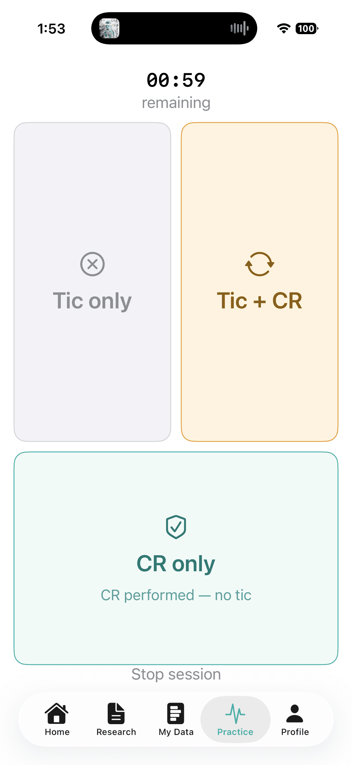 Gilles Competing Response Practice active session with Tic only, Tic + CR, and CR only tap zones