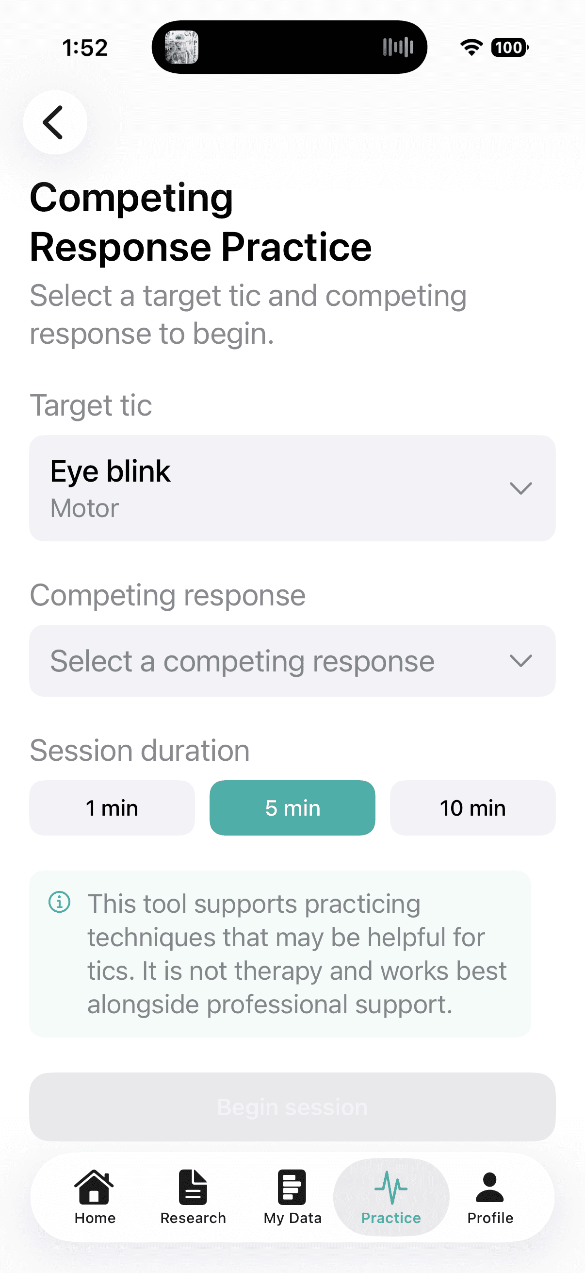 Gilles Competing Response Practice setup screen with target tic, competing response, and session duration