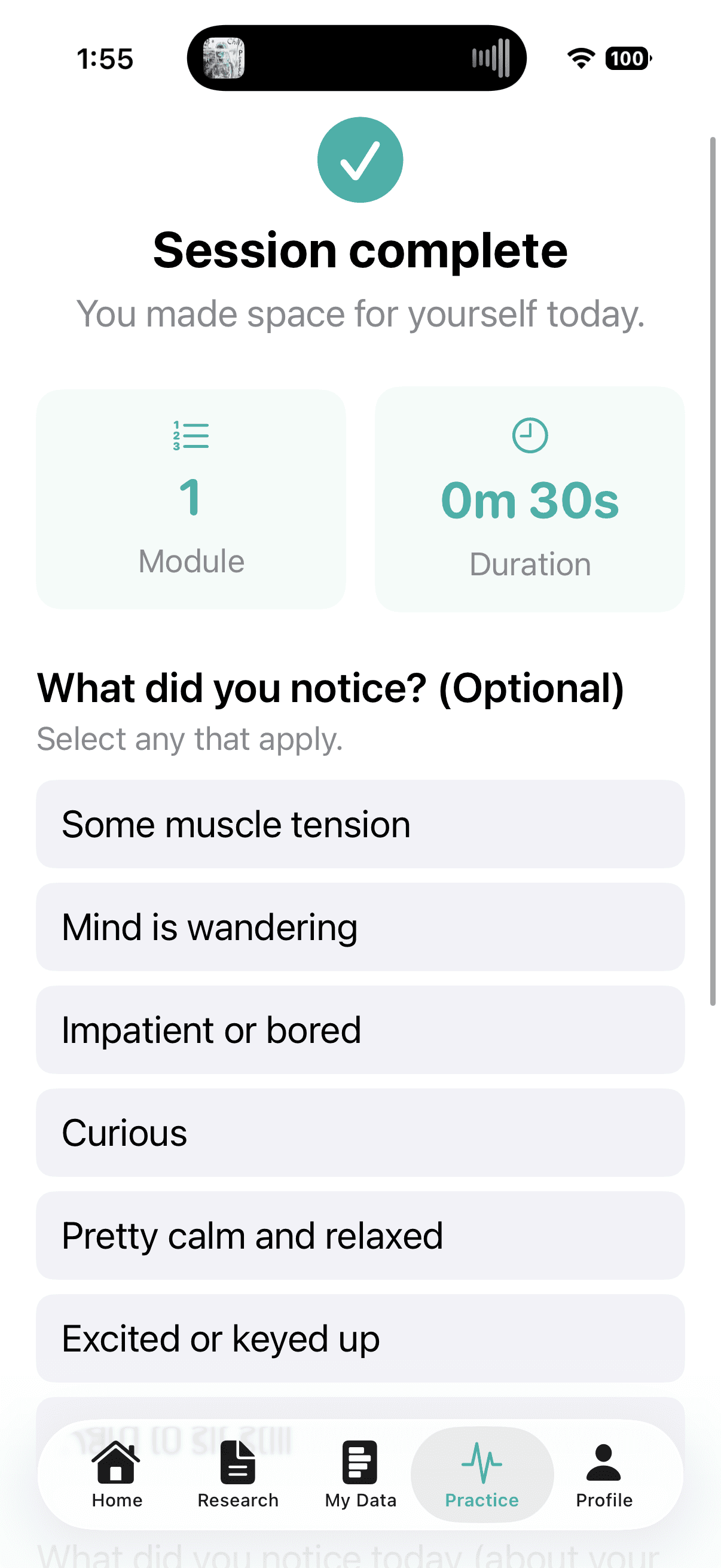 Gilles Tic Response Desensitization session complete screen with an optional reflection checklist