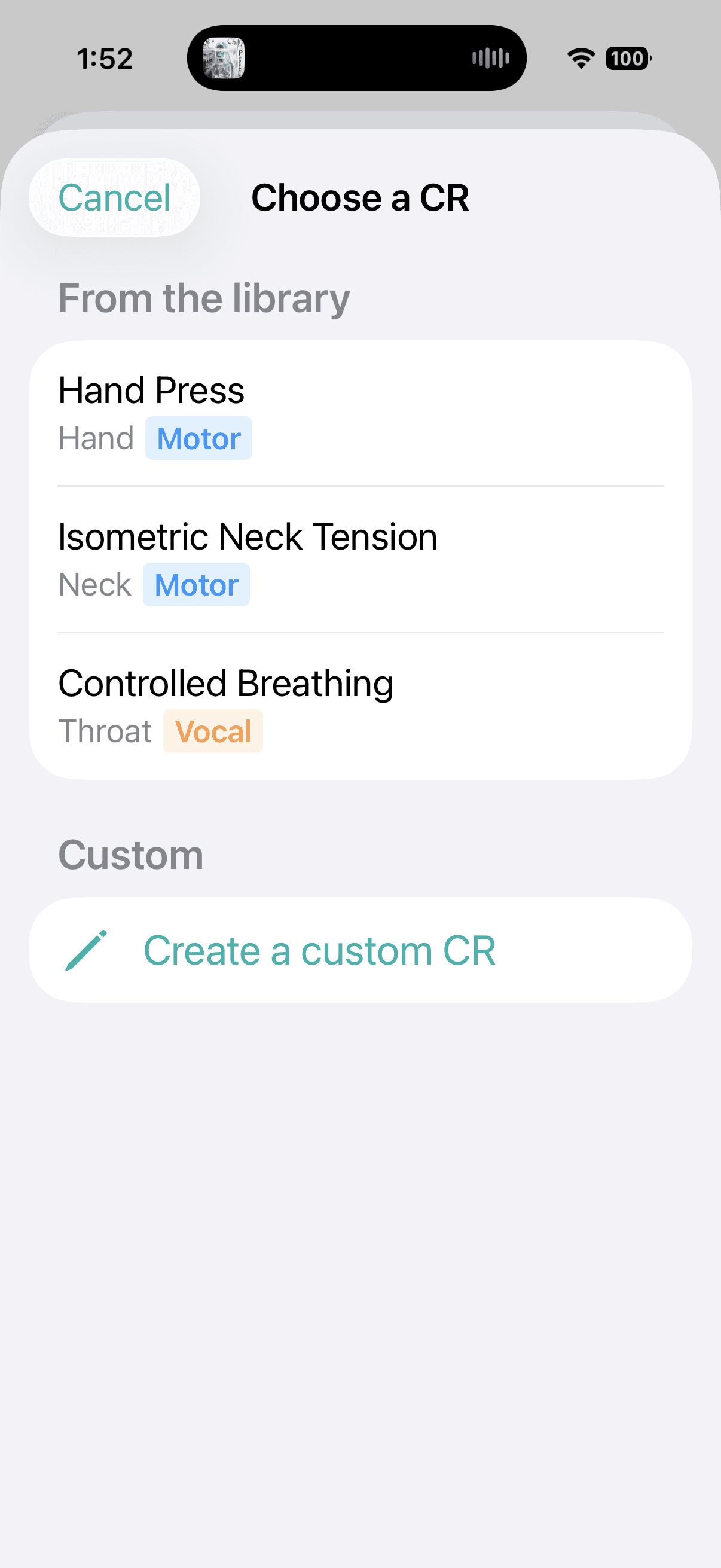 Gilles Choose a CR screen showing library options and a custom CR option