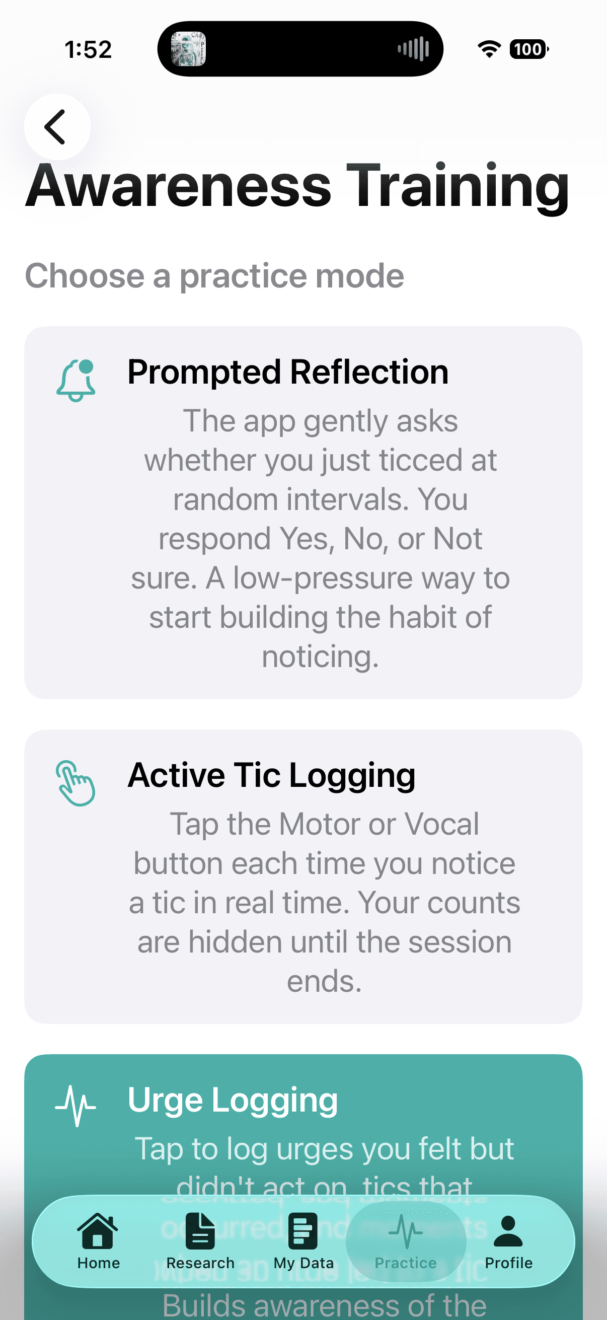 Gilles Awareness Training screen showing Prompted Reflection, Active Tic Logging, and Urge Logging modes