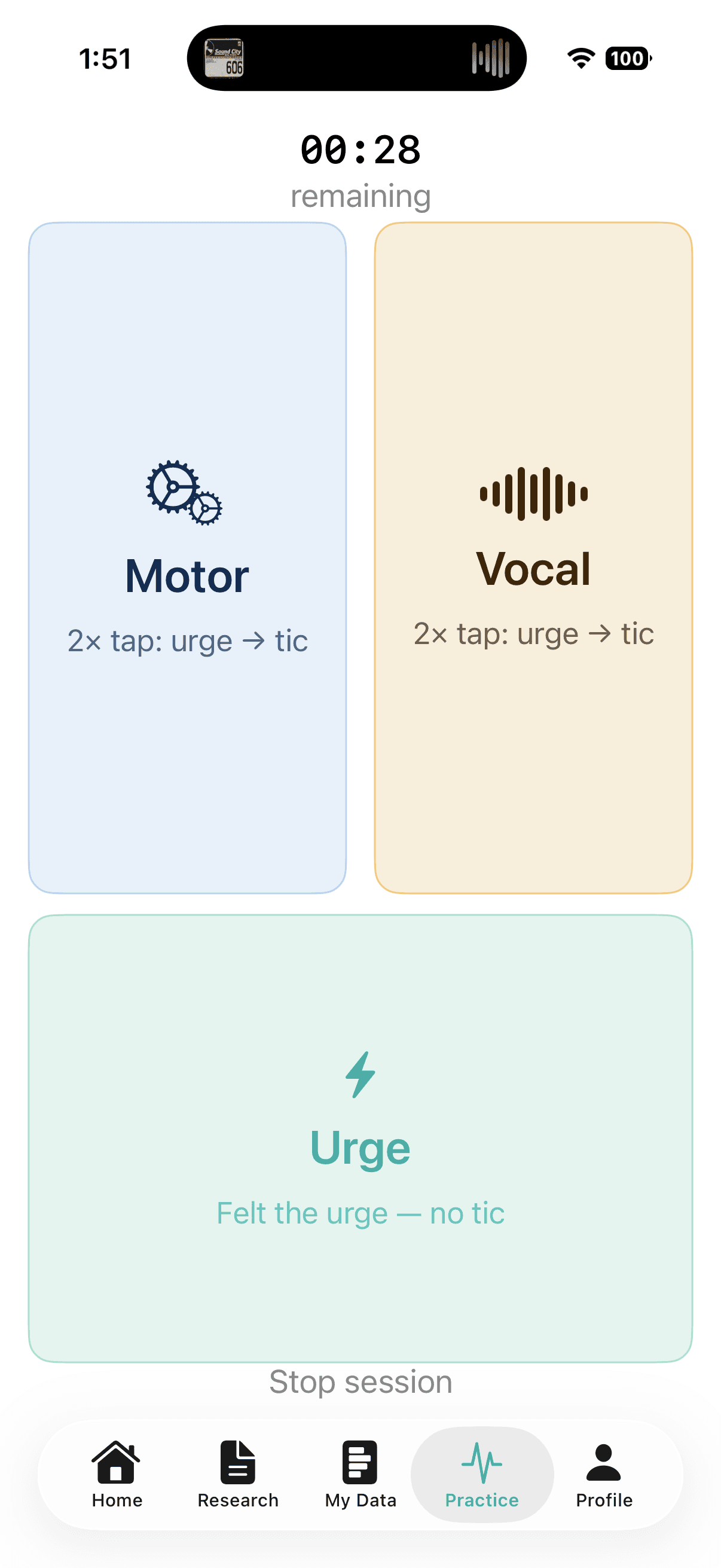 Gilles Awareness Training session with Motor, Vocal, and Urge tap zones