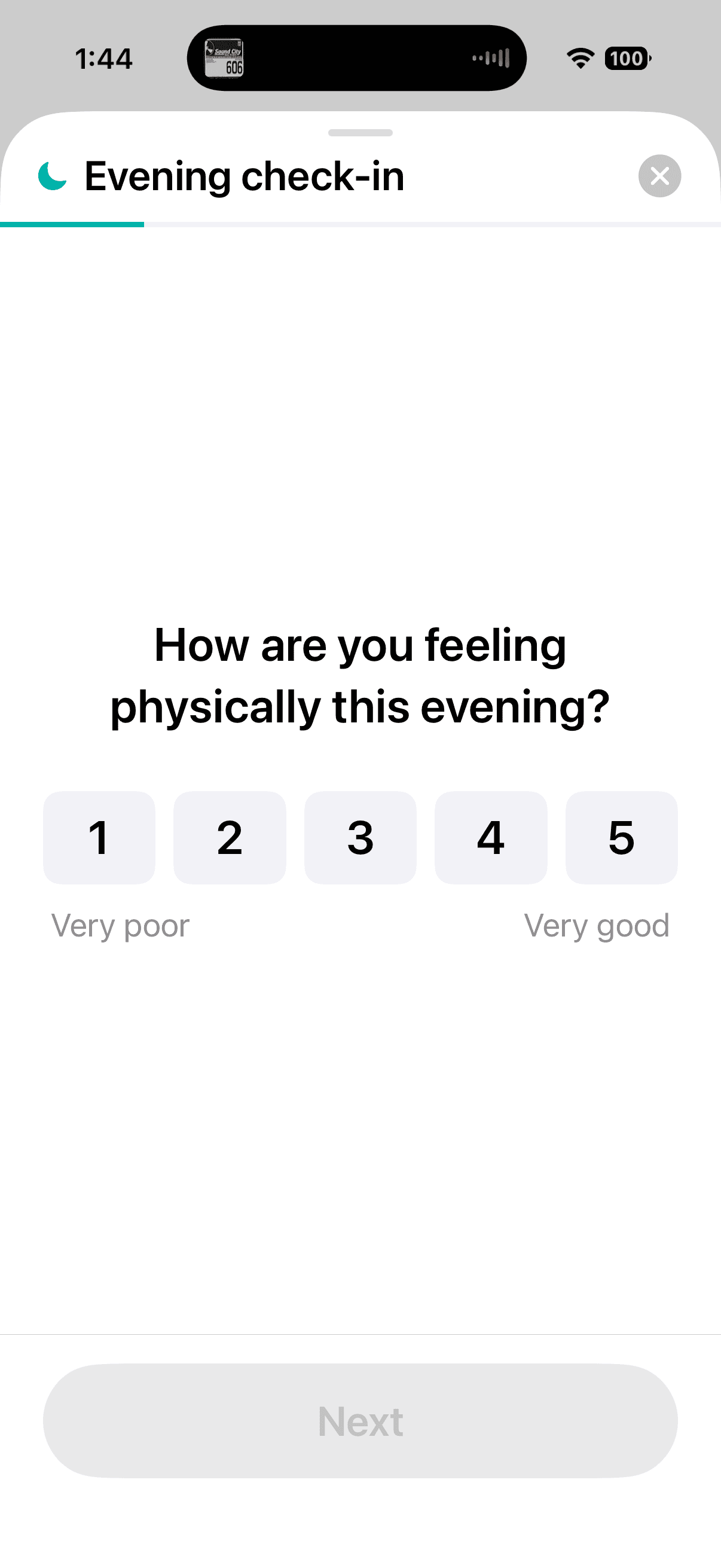 Gilles evening check-in screen asking how the user is feeling physically