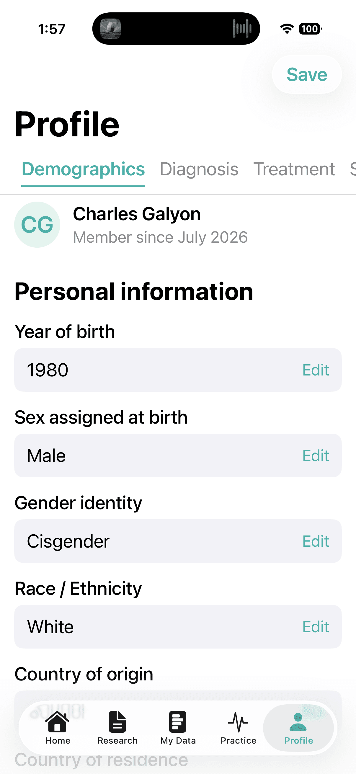 Gilles profile tab showing demographic information