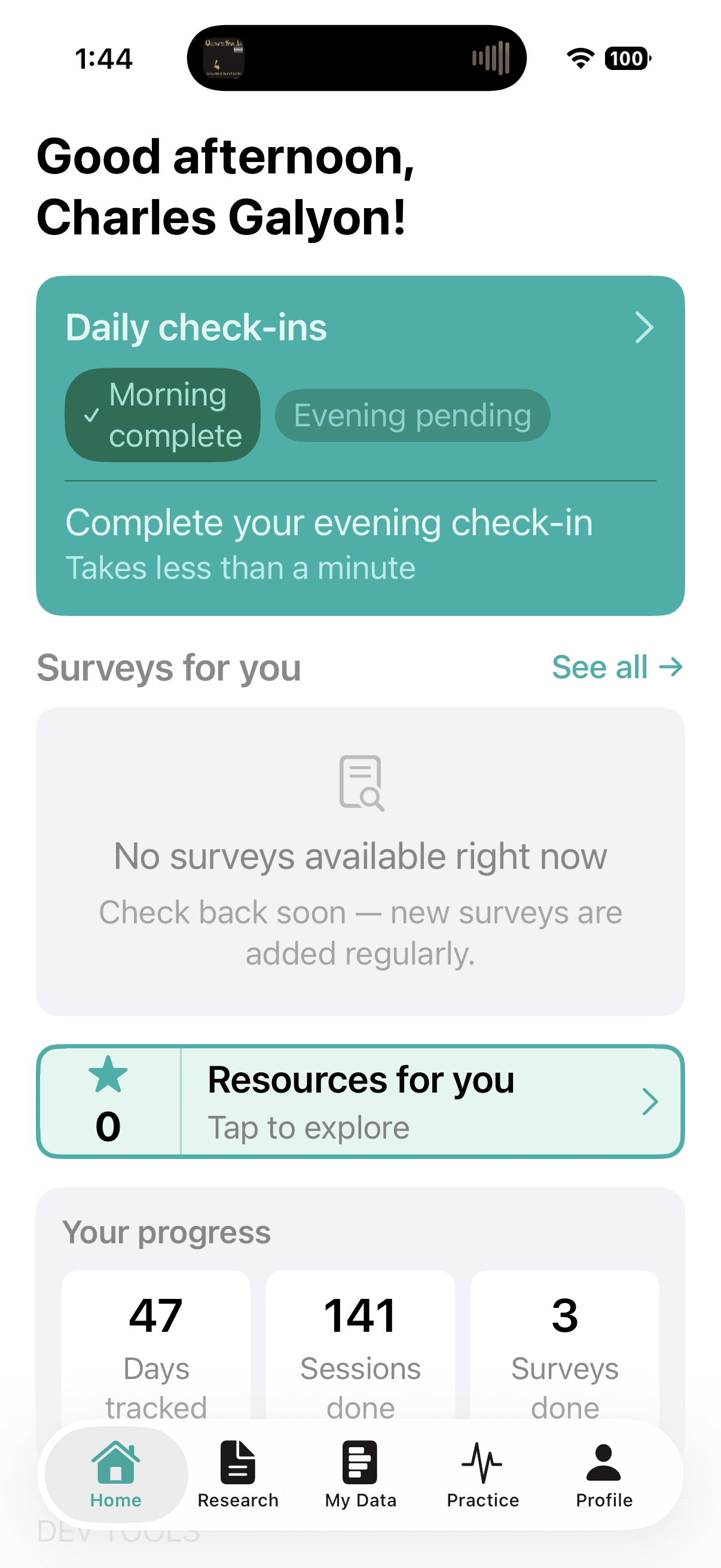 Gilles home screen showing daily check-in status and progress summary