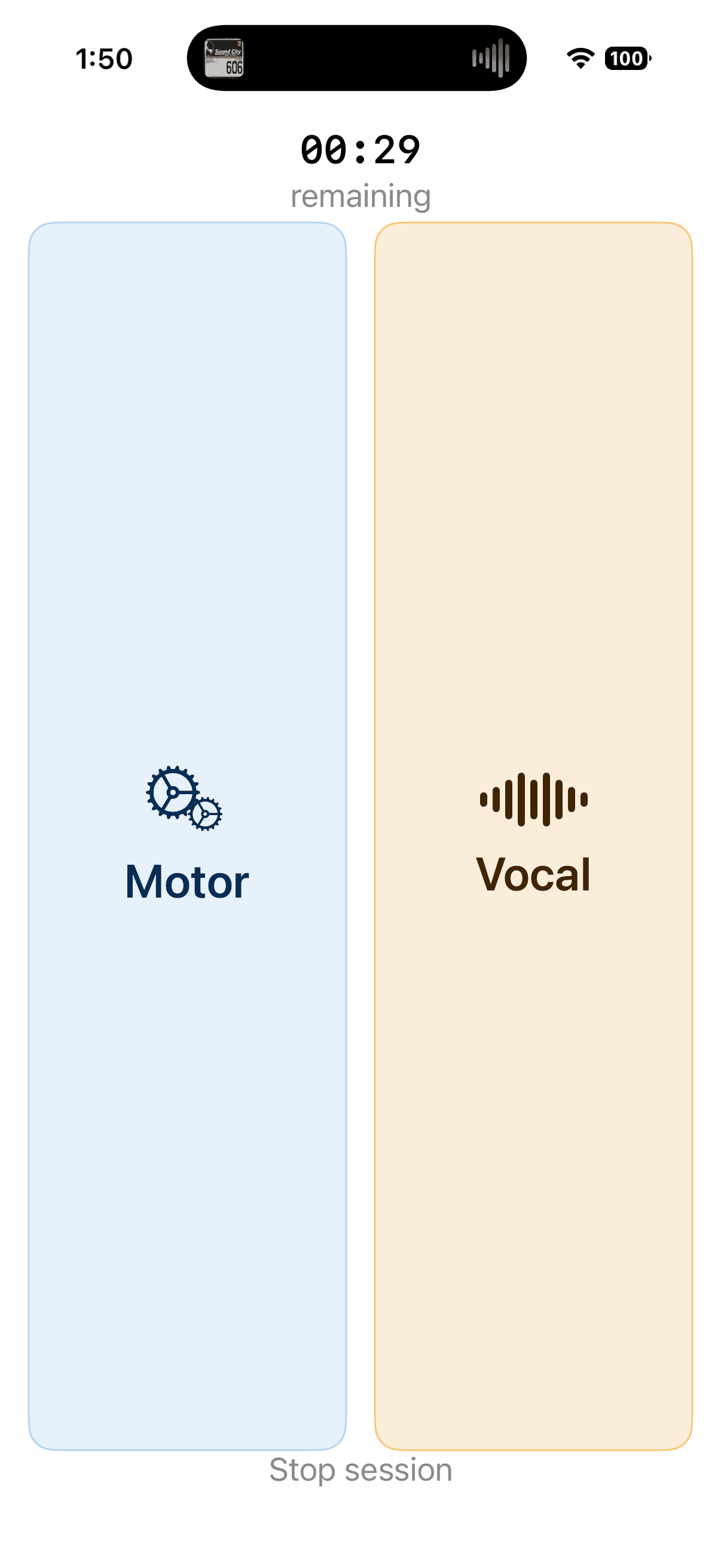 Gilles active monitoring session with Motor and Vocal tap zones and a countdown timer