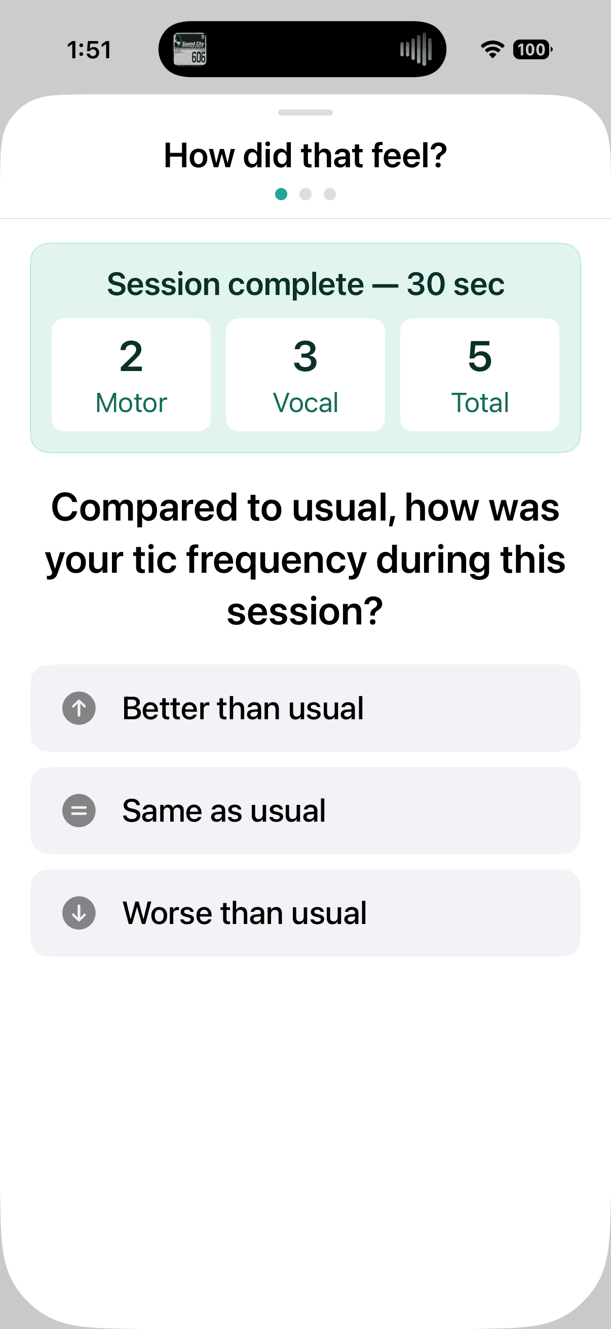 Gilles post-session check-in showing tic counts and a comparison question