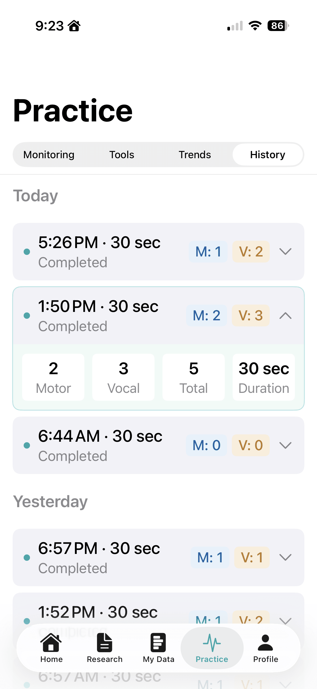 Gilles Practice History tab listing past monitoring sessions