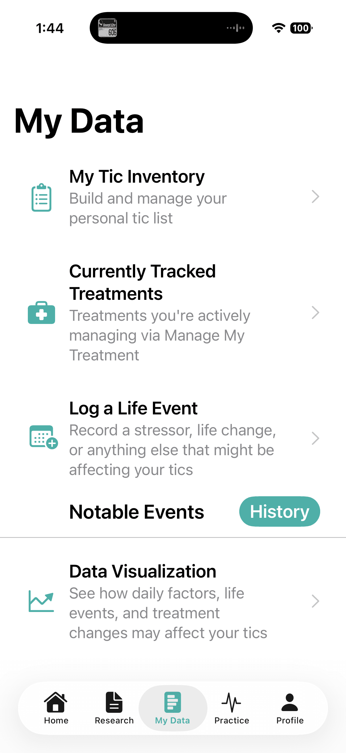 Gilles My Data tab showing tic inventory, treatments, and life events