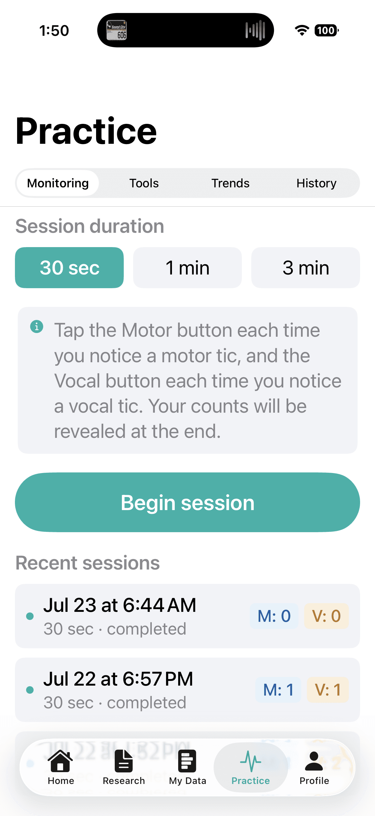 Gilles practice tab showing a tic monitoring session