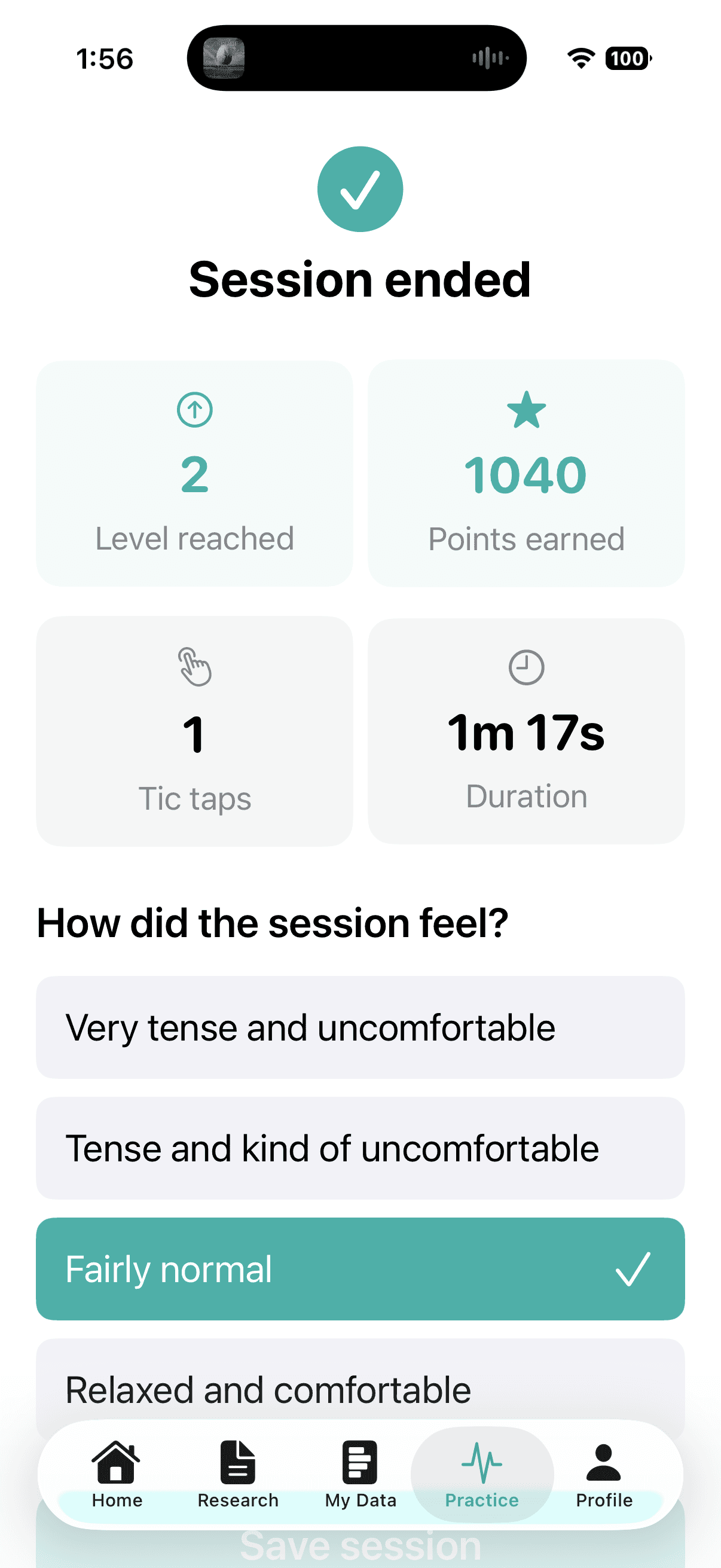 Gilles Tic Trainer Suppression Practice results showing level reached and points earned