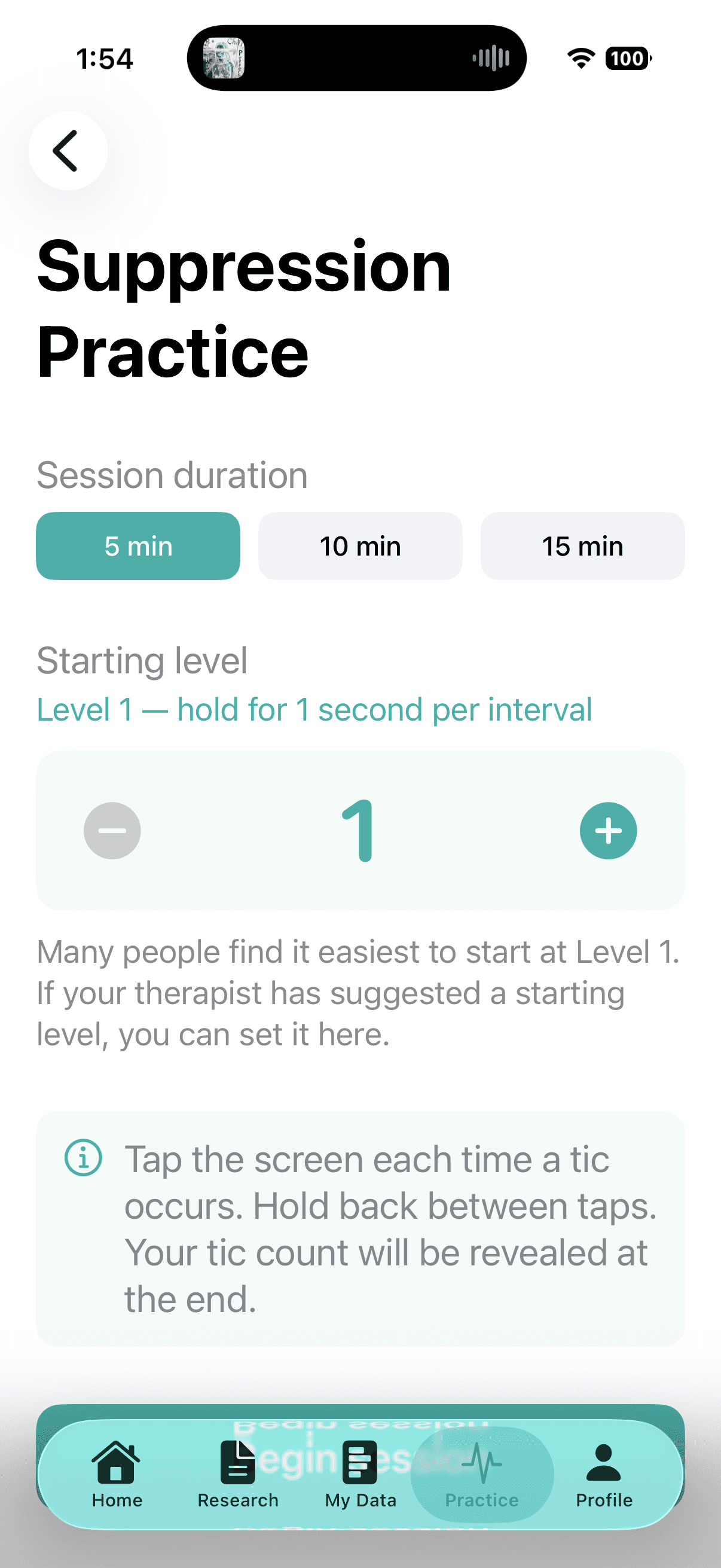 Gilles Suppression Practice setup screen with session duration and starting level