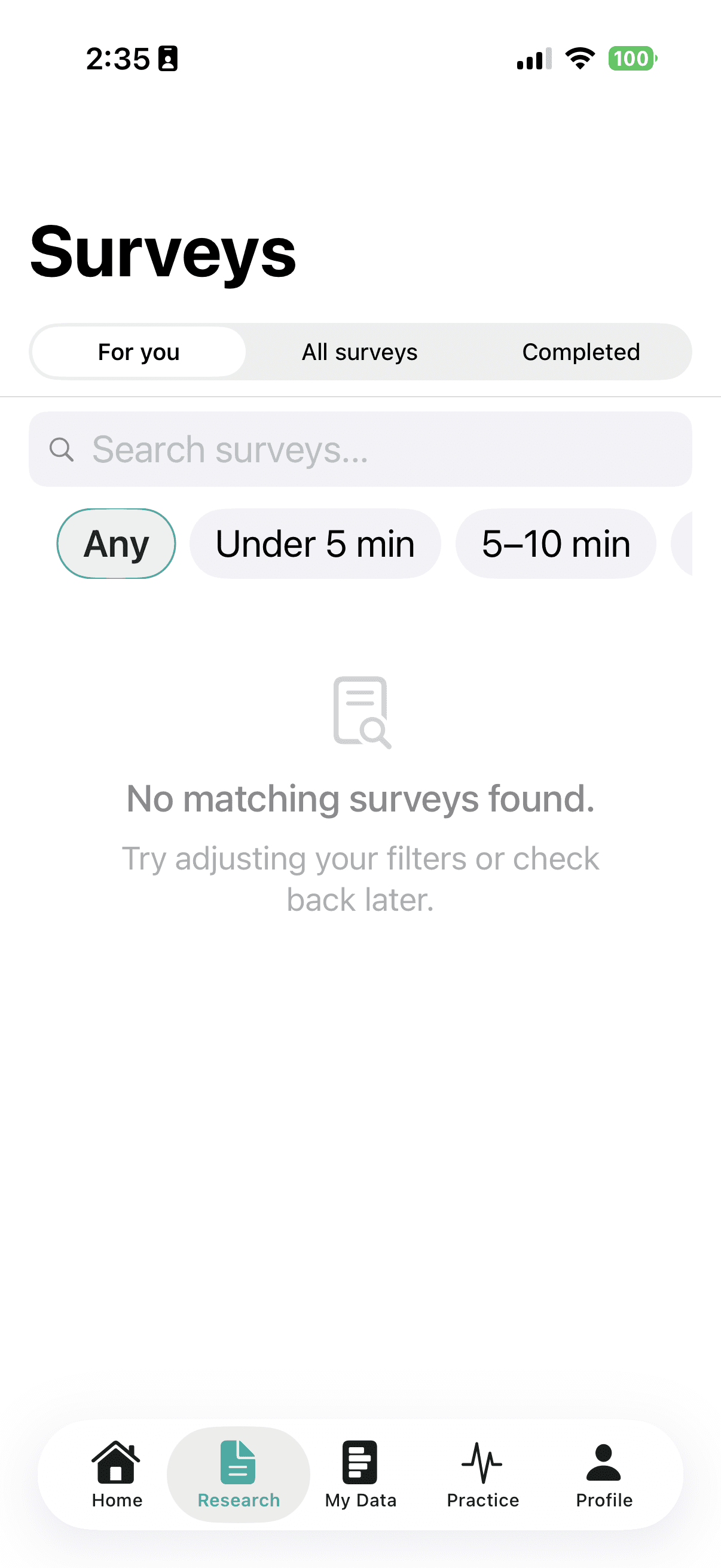Gilles research tab showing surveys recommended for you