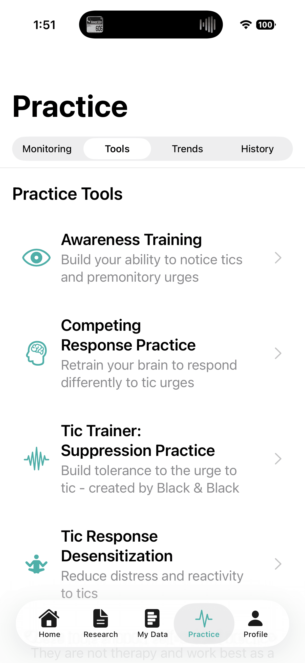 Gilles Practice Tools tab listing Awareness Training, Competing Response Practice, Tic Trainer Suppression Practice, and Tic Response Desensitization