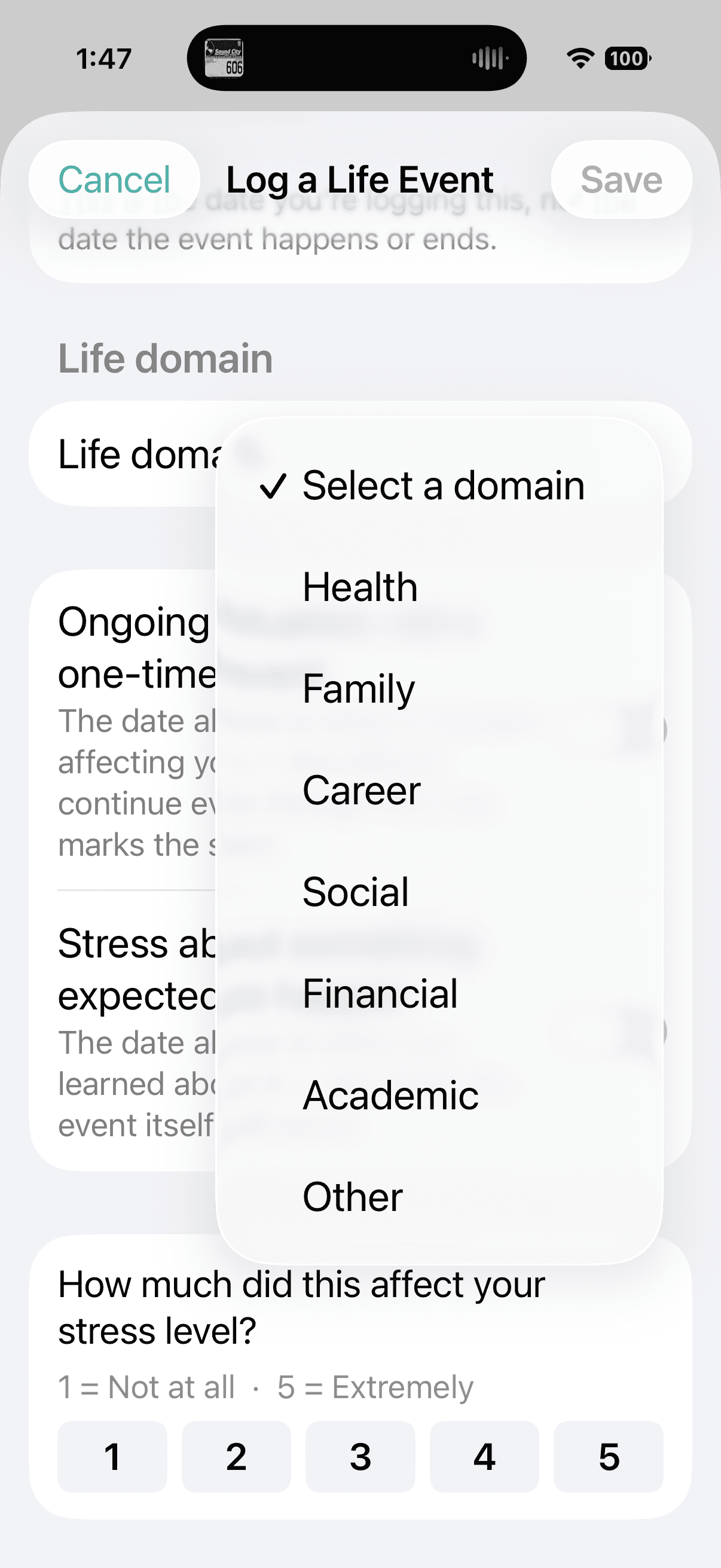 Gilles Log a Life Event screen with life domain selector