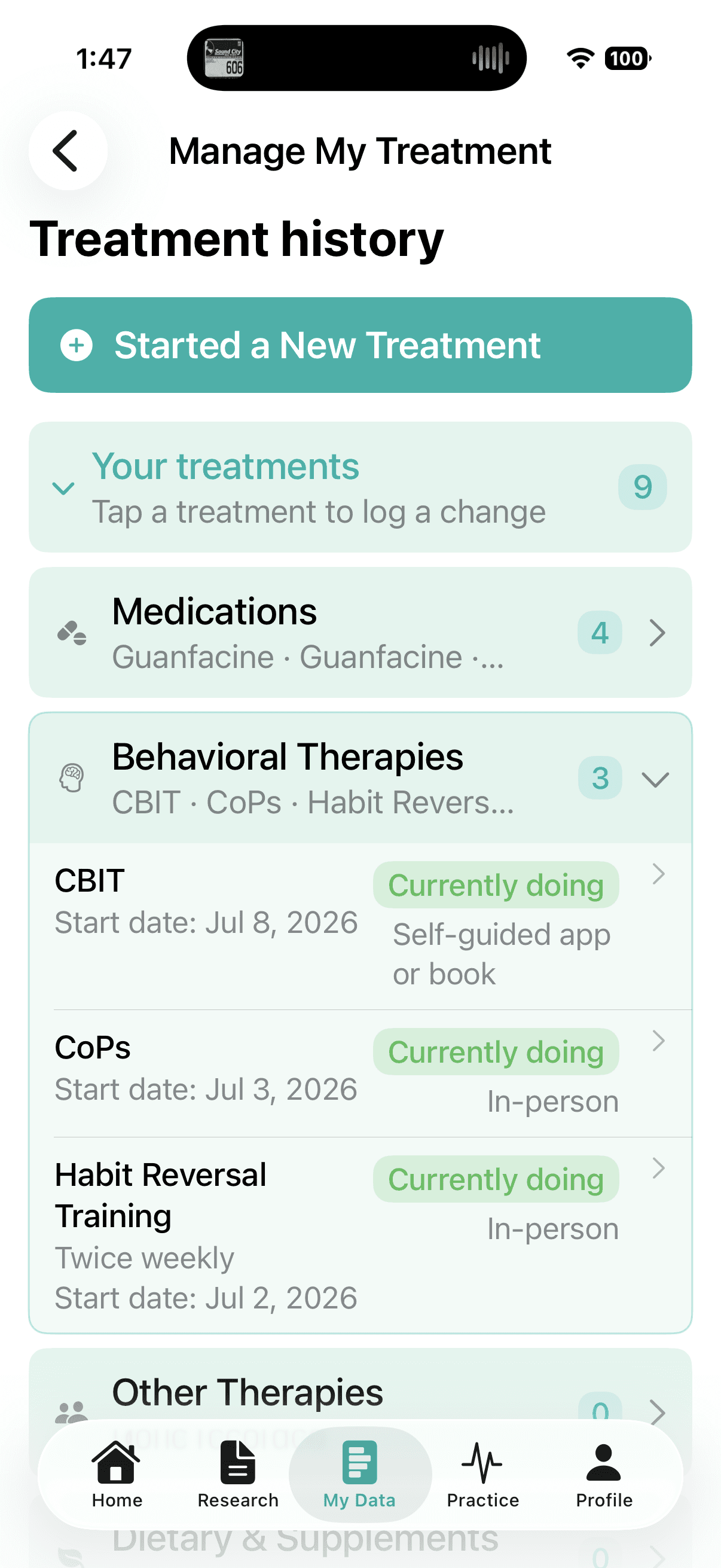 Gilles Manage My Treatment screen showing currently tracked treatments