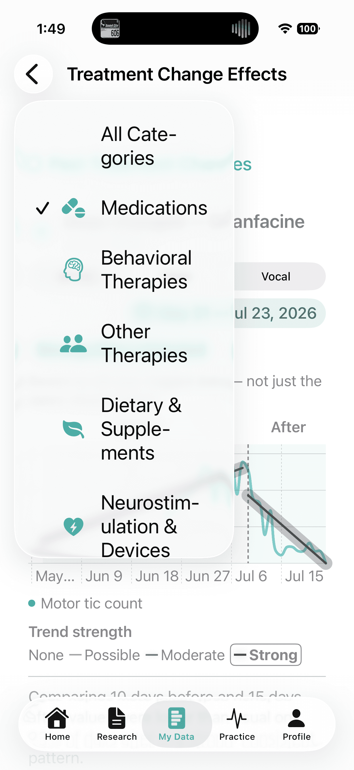 Gilles Treatment Change Effects category picker showing Medications, Behavioral Therapies, Other Therapies, Dietary and Supplements, and Neurostimulation and Devices