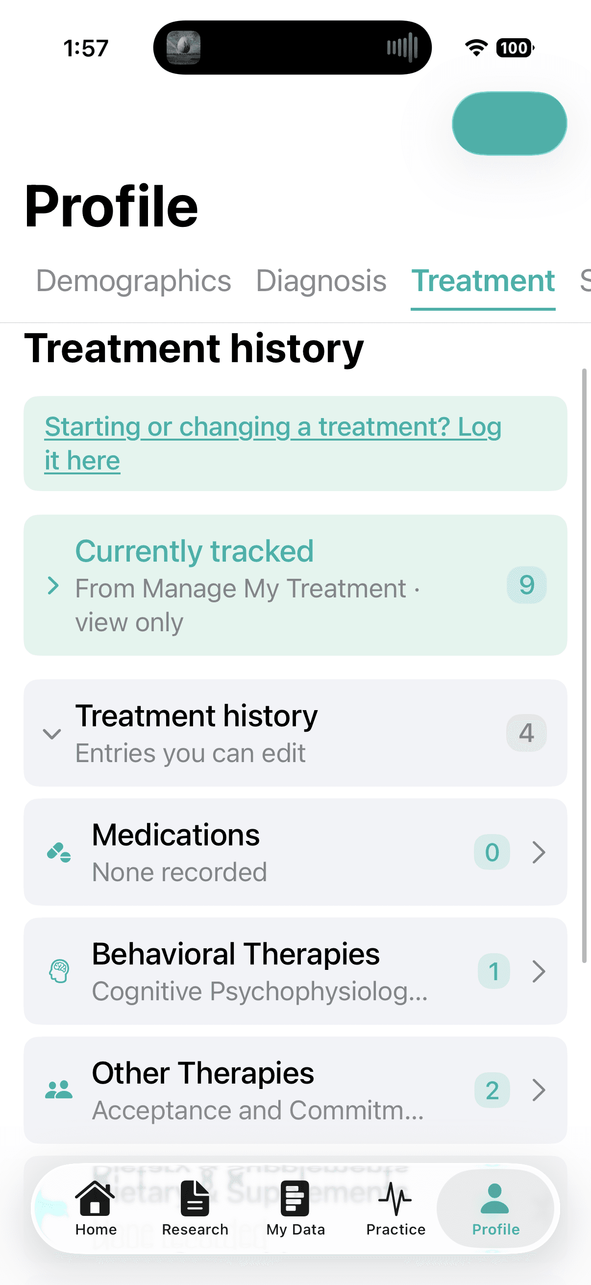 Gilles profile treatment tab showing treatment history entries